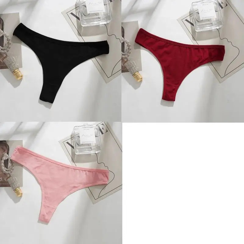 3PCS Cotton Blends T-back Briefs Women's Sexy Low rise Thong Panties L-2XL Plus Size  Simple Breathable Underwear Solid Panty