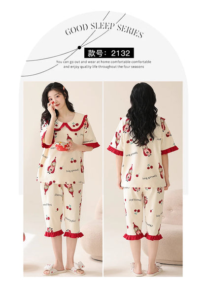 Summer Capris Pajamas for Women Plus Size 5XL Woman Causal Pajama Sets Cartoon Lapel Pijamas Cute Girl Soft Cotton Sleepwear