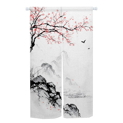 Japanese Door Curtain - Cherry Blossom Curtain With Kanagawa Wave Design | Linen Door Panel