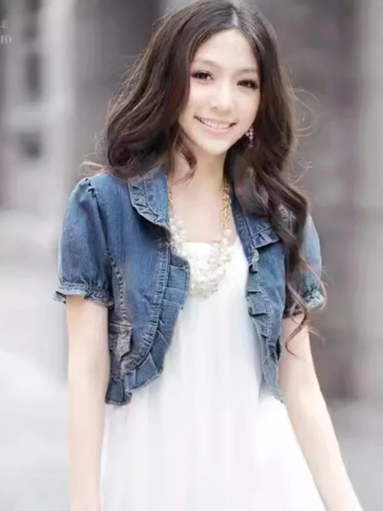 Vintage Blue Denim Jackets Short Sleeve Slim Fit Summer Women Jacket Coats Cute Petter Pan Collar Ruffled Sweet Women Japanese