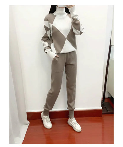 Fashion Knitted 2 Piece Set Women Sweater Suits Autumn Winter Tracksuit Sets Pullovers Long Pant Casual 2PCS Track Suit 2025
