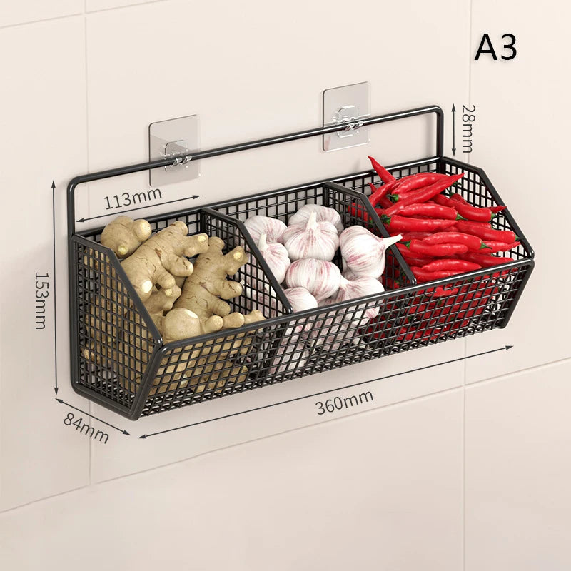 Wall Mounted Storage Rack - Multi Compartment Kitchen Shelf for Onion, Ginger & Garlic Organizer