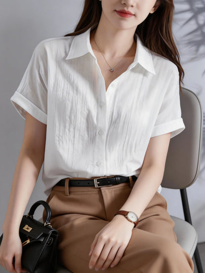Women's Casual White Blouse, Short Sleeve V-Neck Shirt, Business Office Workwear, Breathable Textured Blouse