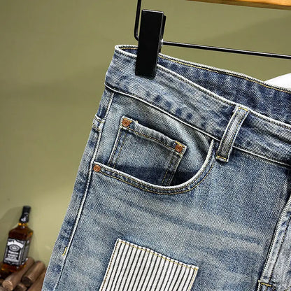 Summer Splicing Fashion Denim Shorts Patch Trendy Brand Handsome High-end Beggar Short Pants Medium Men Clothes Jeans Shorts