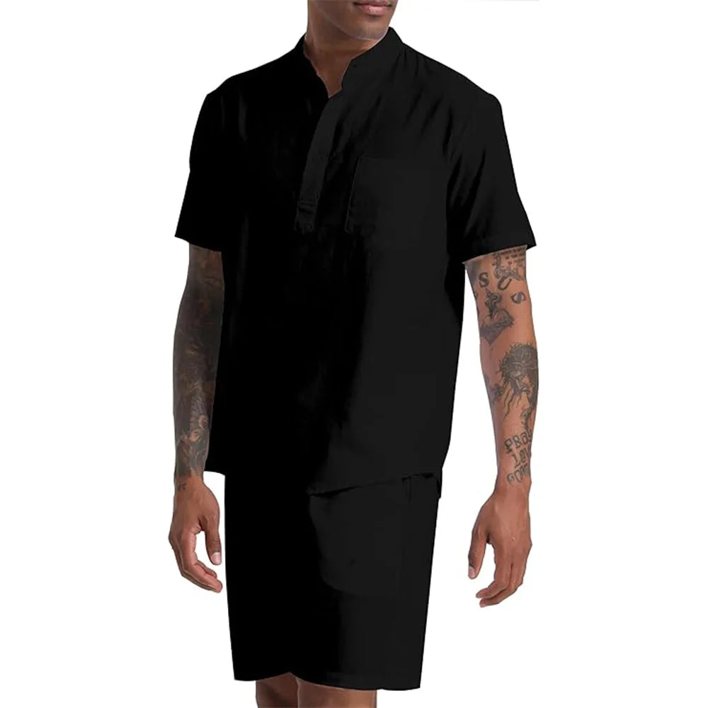 Men's Cotton Linen Set Henley Shirts Shorts Outfits 2 Pieces Beach Clothes Vacation Matching Suit Summer Wear Shirt Sleeve