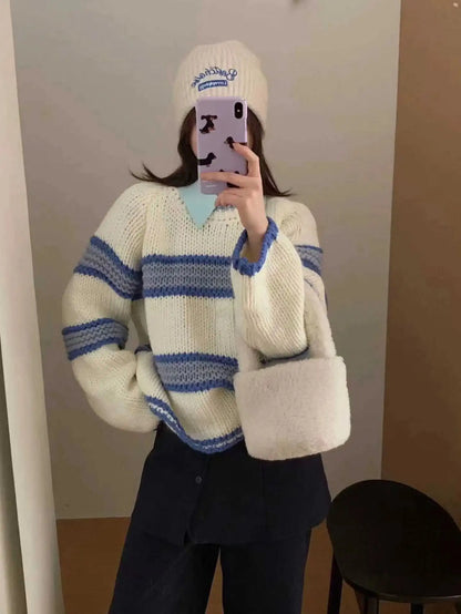 Chic Loose Long Sleeve Knitted Sweater round Neck Striped Autumn Winter New Style Women's Regular Fit Comfortable Casual Sweater