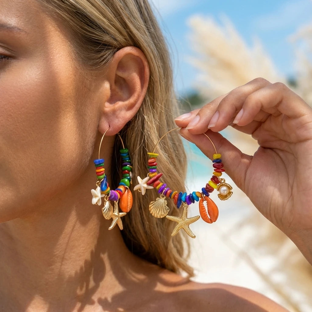 Boho Stone Hoop Earrings – Starfish & Shell Dangle (Y2K Beach)