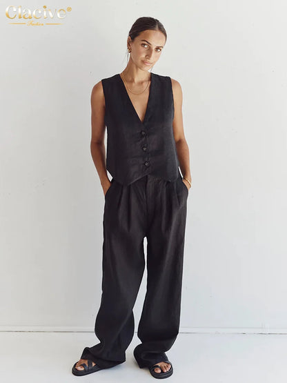 Clacive Summer White Linen Two Piece Set For Women 2023 Fashion Sleeveless Tank Top New In Matching High Waist Wide Pants Set