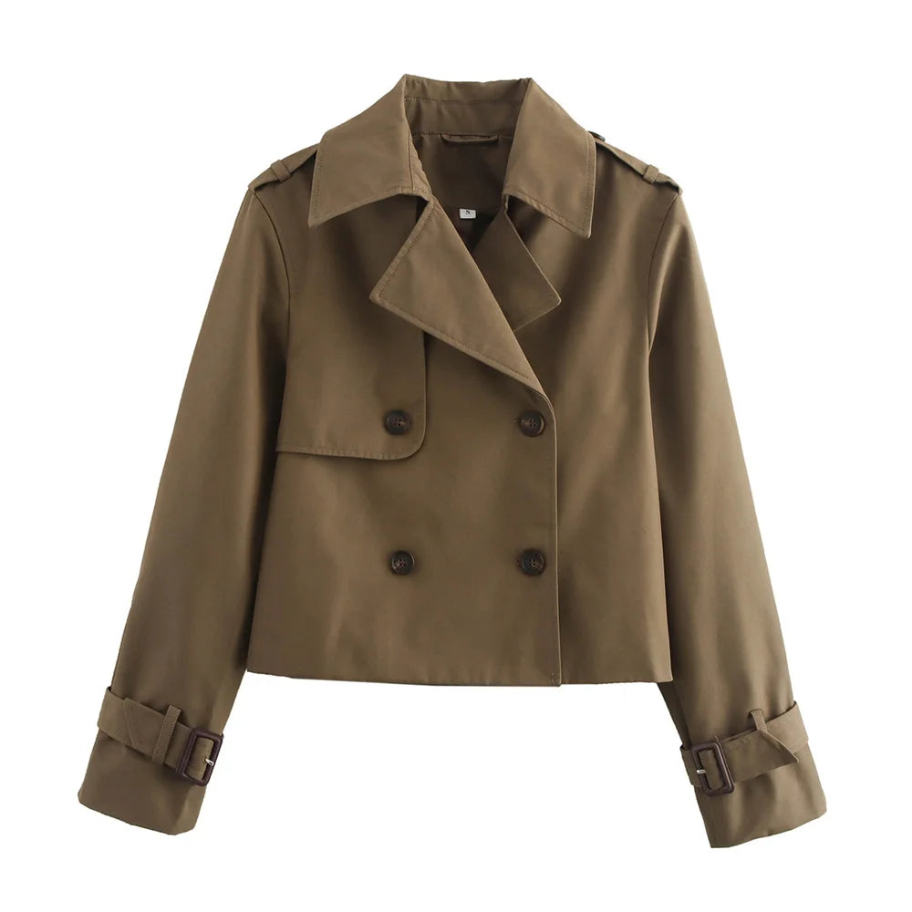 Vintage Cropped Trench Jacket – Women's Spring Jacket With Double Breasted Closure