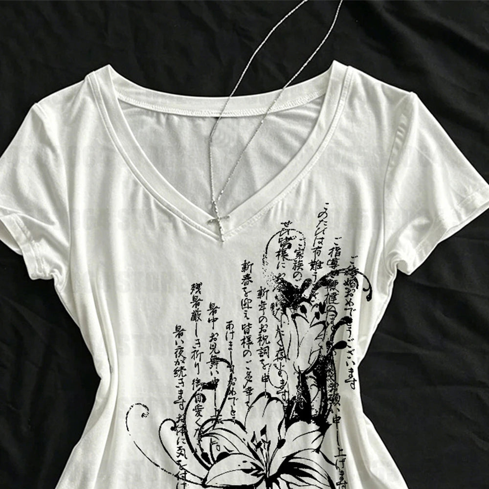 Women's Tee Shirt Summer Gothic Print T-Shirt Short Sleeve Slim Fit Graphic Tops 2000s Grunge E-girls Korean Style Streetwear