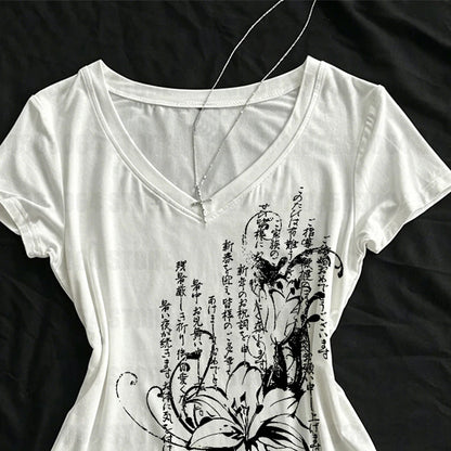 Women's Tee Shirt Summer Gothic Print T-Shirt Short Sleeve Slim Fit Graphic Tops 2000s Grunge E-girls Korean Style Streetwear