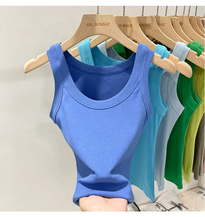 Women Solid Round Neck Ribbed Tank Top Camisole Women 2026 Summer Basic Elastic Tank Top O Neck Solid Tank Top