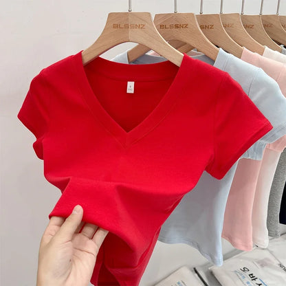Summer Sexy V-neck Slim T Shirt Women Cotton Basic Solid Crop Tops Female Casual Tops Short Sleeve T-shirts 2026
