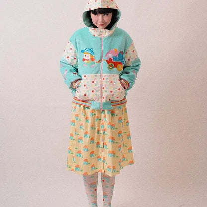 Fleece Lining Cute Cartoon Color Blocking Long Sleeves Zip Up Hoodie Women Winter Sweet Thicken Y2k Aesthetic Sweatshirt