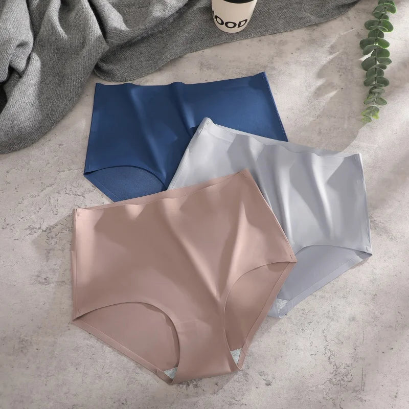 FINETOO 2Pcs/Set Summer Traceless Ice Silk Panties For Women Solid Color High Waist Underpants Female Breathable Sexy Lingerie