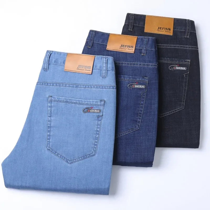 Mens Lightweight Blue Denim Jeans - Stretch Cotton Straight Pants for SpringSummer Casual Wear - ZOOMNSTORE