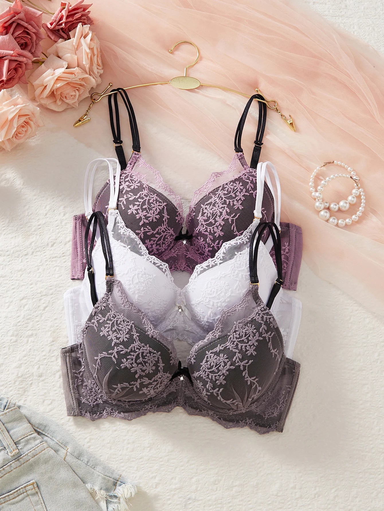 3PCS Women Floral Lace Bra Set Mesh Spliced Embroidery Push Up Bra Double Straps Underwire Support Daily Sexy Lingerie