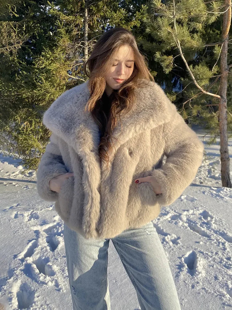 Faux Fur Women's Coat – Luxury Cropped Fluffy Jacket With Lapel Collar