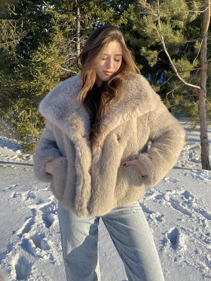 Faux Fur Women's Coat – Luxury Cropped Fluffy Jacket With Lapel Collar