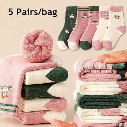 Girls Winter Socks 5 Pairs Baby Cute Color Princess Pink Thick Cotton Socks Children Warm Winter Socks