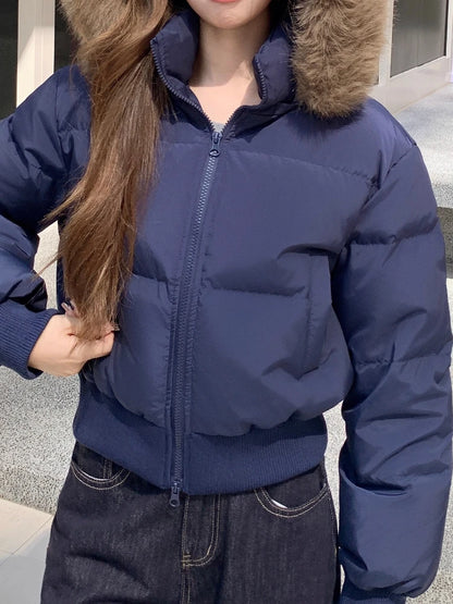 Hooded Puffer Jacket Women Winter Thick Warm Short Coat With Fur Collar Cinched Waist Plush Casual Sweet Streetwear Outerwear