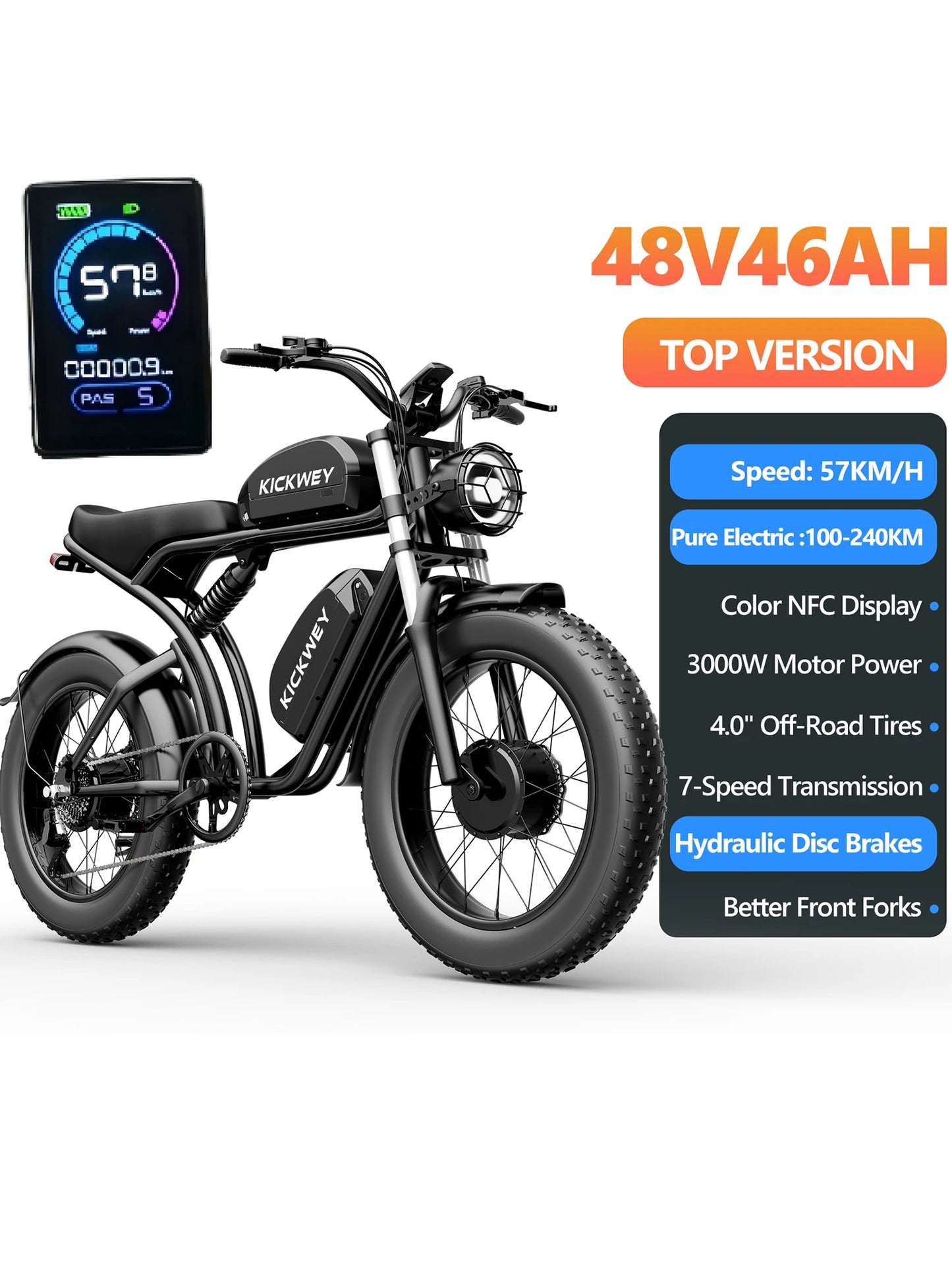 KICKWEY K7 Electric Bike, 3000W Off-Road Electric Bicycle, Full Suspension E-Bike, 20" Fat Tire All-Terrain Electric Dirt Bike