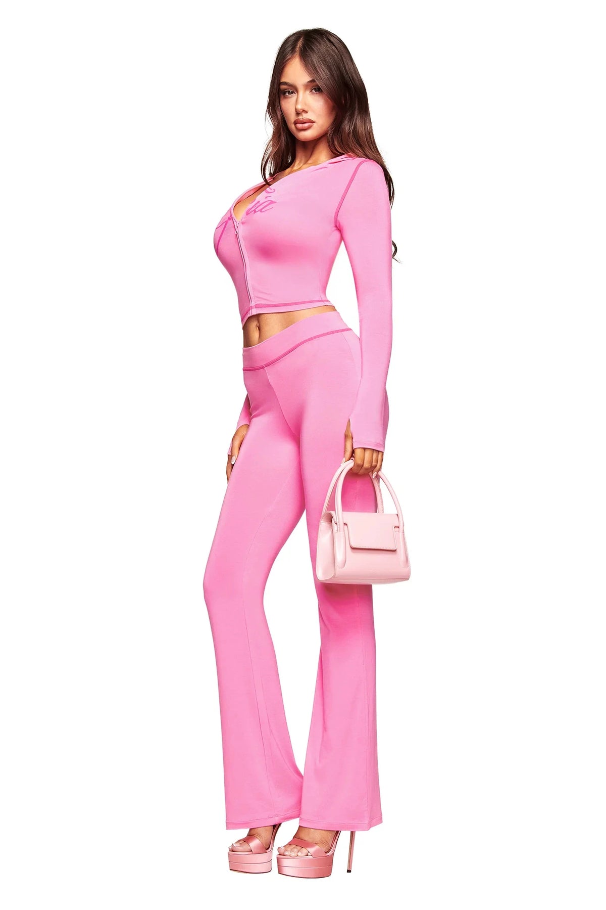 Gia neon pink regular shoulder slim-fit letter print topstitching design slim-fit hooded zip-up short jacket and pants set