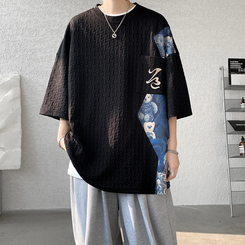 Patchwork Contrast Color T Shirt Men Summer Fashion Top Tees Unisex Harajuku T-shirt Male Half Sleeve TShirts Blue White Black