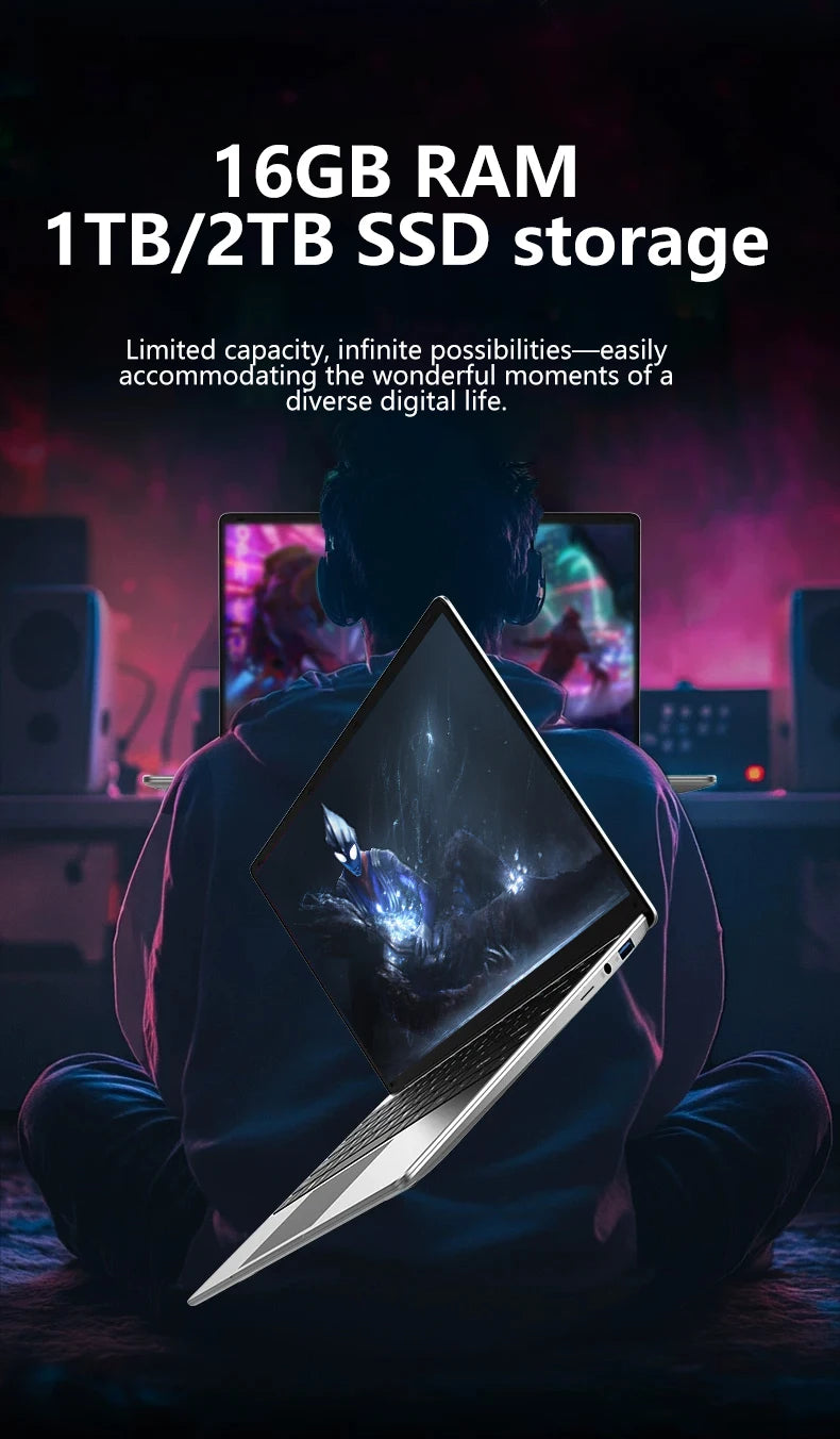 LENO 14.1"Ultra Slim Laptop Windows11 Intel 4405U 16GB 2TB SSD Gamer Notebook 1920*1080 Display Office Study Gaming Computer PC