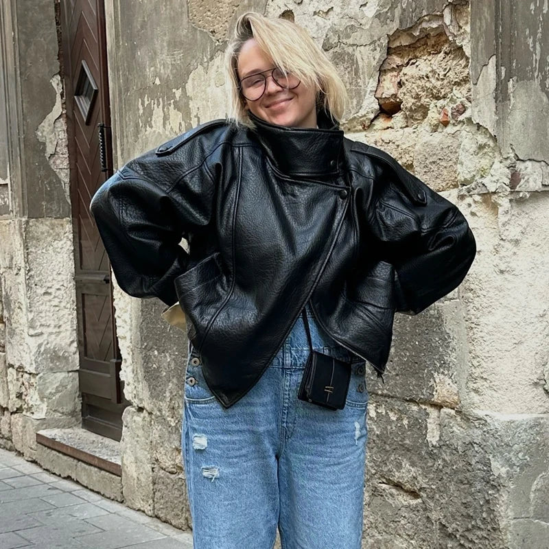 Faux Leather Jacket – Women's Bomber Jacket With Snap Button | Office Outerwear Coat