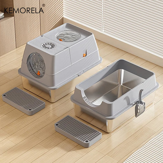 XL Stainless Steel Cat Litter Box - Enclosed High-Sided Removable Scoop for Big Cats - ZOOMNSTORE