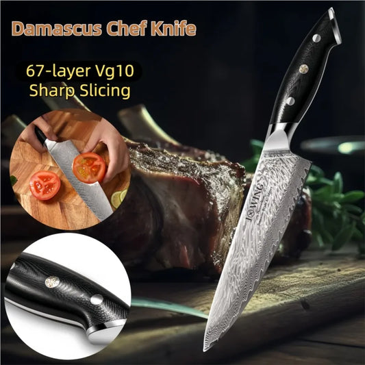 Damascus Chef Knife - AUS-10 Steel 67-Layer Vg10 Slicing Cleaver for Meat and Fish