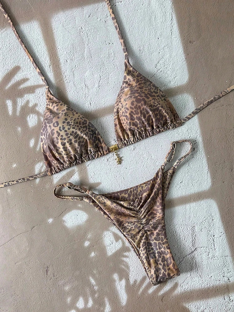 Leopard Push Up Bikinis - Two Piece Micro Bikini Sets With Wire Free Halter Neck