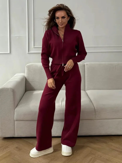 Wolfeel  New Autumn Winter Zip Up Knit Pants Set Women's Trendy Slim Fit Cardigan Pants Chic Commuting Sweater Outfit
