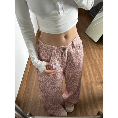 Pink Leopard Print Wide Leg Jeans Women Summer 2026 Loose Slimming Drapey Floor-Length Straight Cut Design Sensation