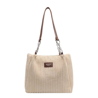 Corduroy Shoulder Handbag – Women's Soft Cotton Shopping Bag With Zipper Closure