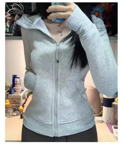 Streetwear Black Hoodie Coat 2025 Women's Clothing Hooded Zipper Slim Fit Y2k Jackets Casual Fashion Sweatshirts Tops Ropa Mujer