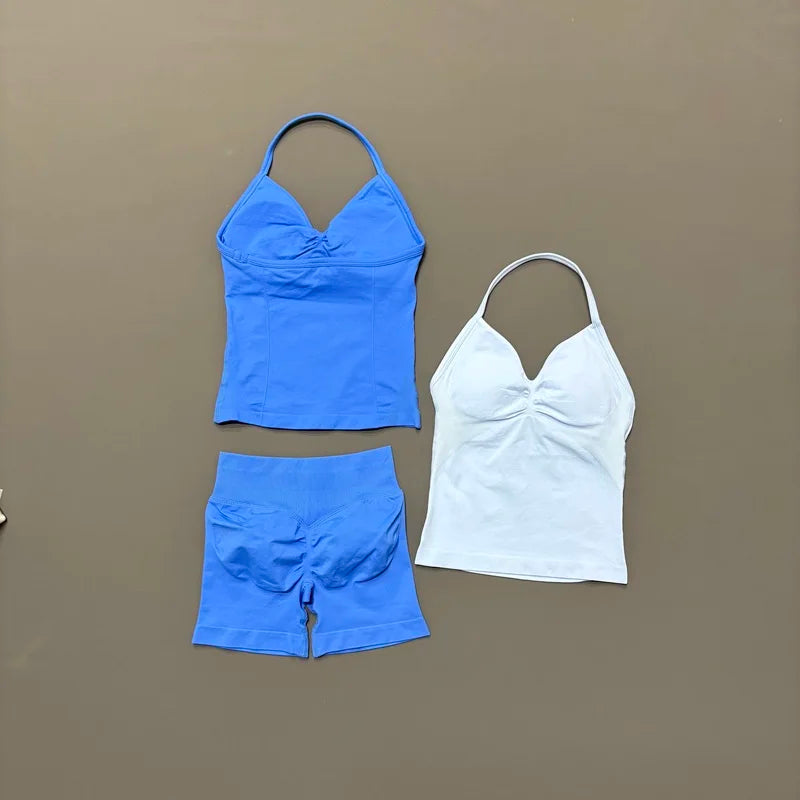 2Pcs HISTELLO Yoga Set Women Halter Tank Top Scrunch Butt Lifting Shorts Ruched Anti Chafe Quick Dry Gym Workout Sports Set