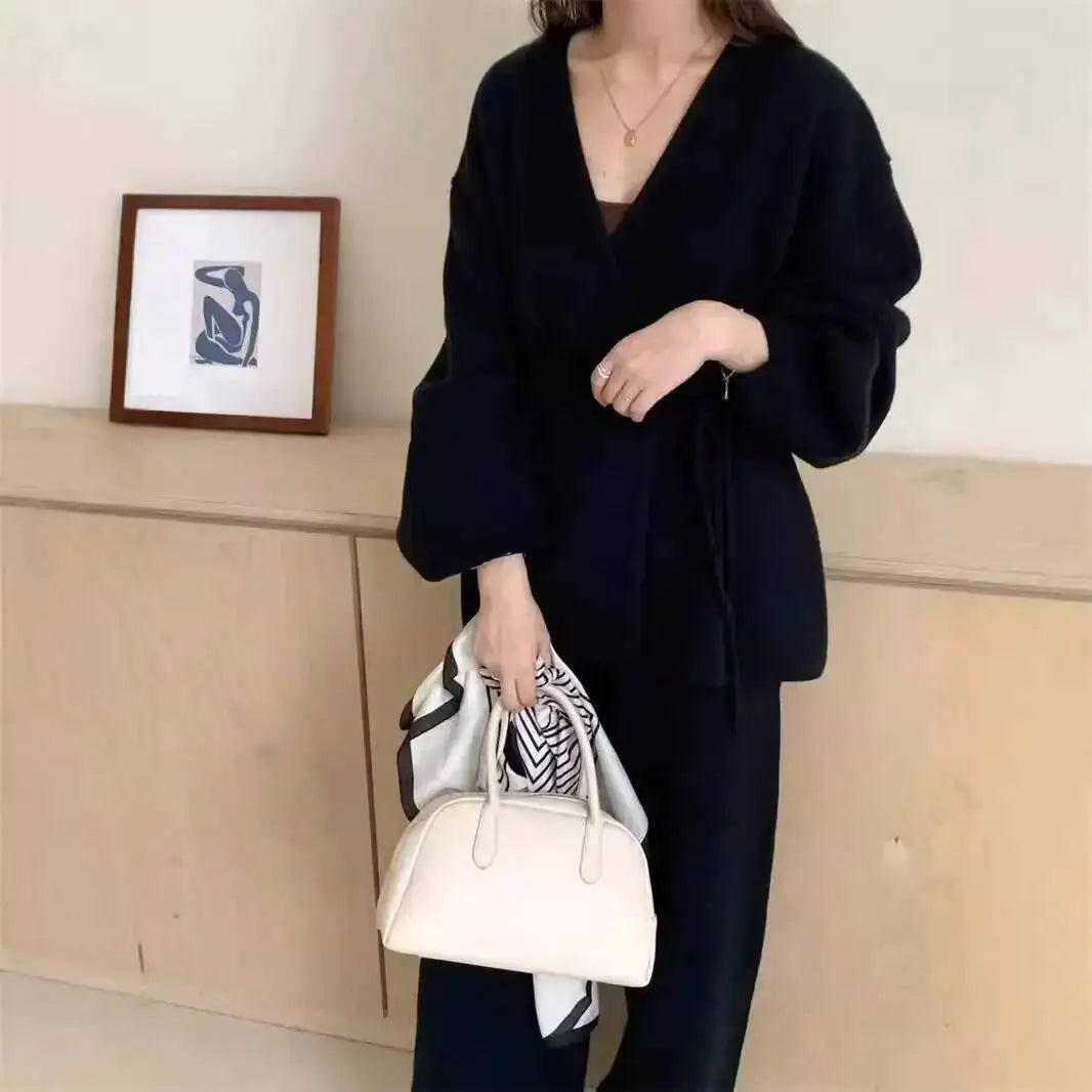 [EWQ] Fashion V-neck Long Sleeve Lace Up Sweater And High Waist Trousers Casual Women Knit Set Clothing 2025 Autumn New 16O1719