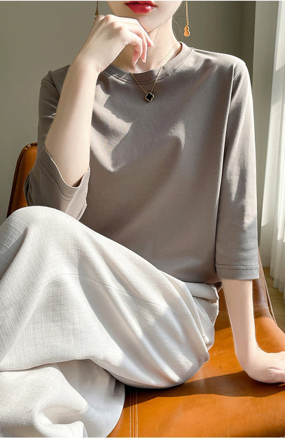 Summer Cotton Short-Sleeved T-Shirt Women's Round Neck Seven-Point Sleeves Loose Mercerized Cotton Half-Sleeve Shirt New T-shirt