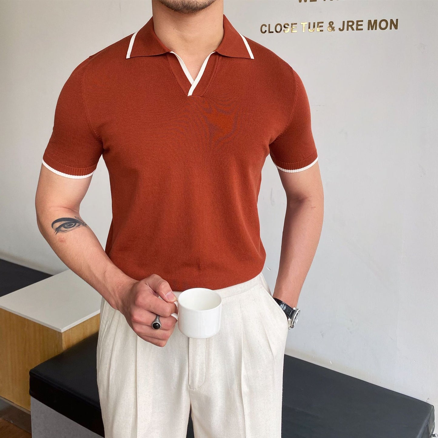 Men's Polo Shirt Elbow-Sleeved T-shirt Fashion Polo Collar Slim-Fit Men Clothing Woolen Sports Polo Tee Shirt Man Golf Shirt EUR