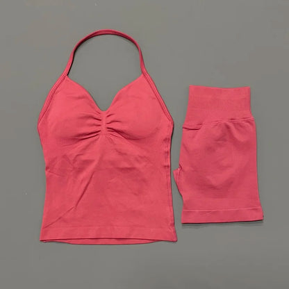 2Pcs HISTELLO Yoga Set Women Halter Tank Top Scrunch Butt Lifting Shorts Ruched Anti Chafe Quick Dry Gym Workout Sports Set