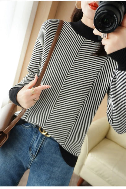 Women's autumn and winter 100% pure cotton knitted semi high neck pullover casual striped warm sweater fashionable hot selling