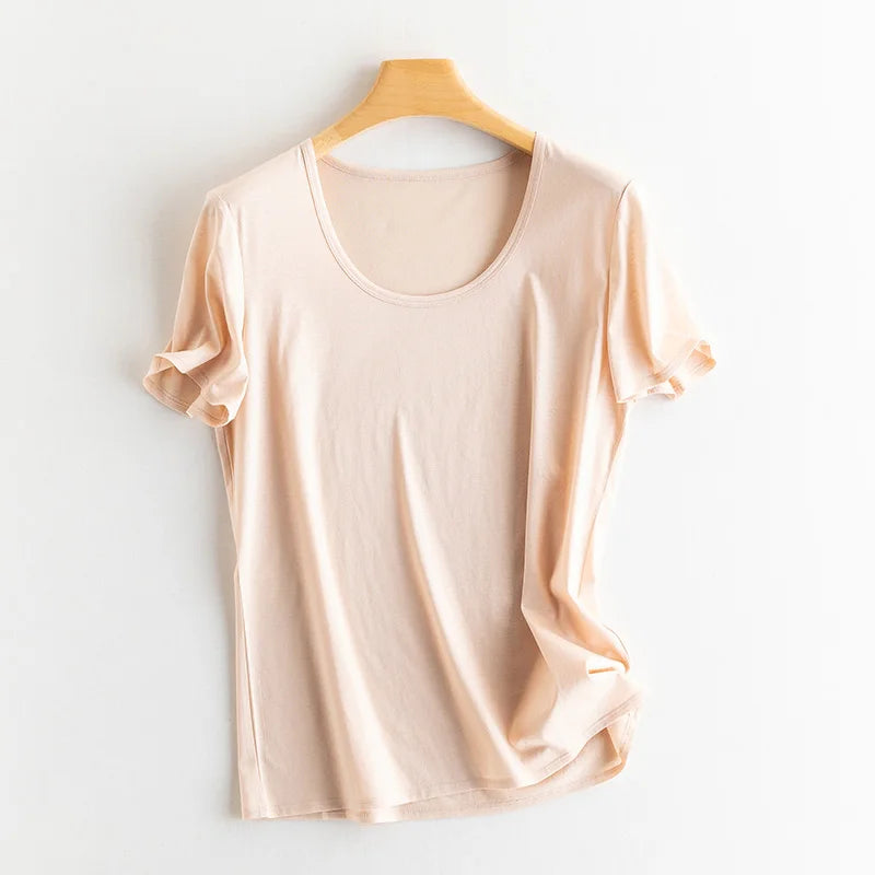 Women's V-Neck T-Shirt – Silk-Linen-Cotton Solid Summer Tee