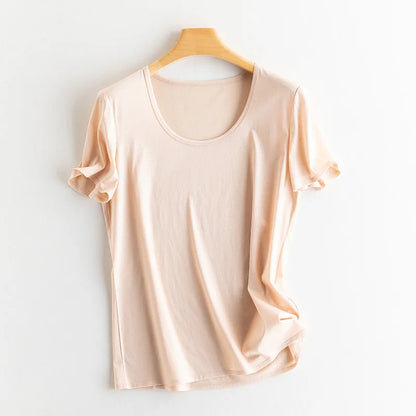 Women's V-Neck T-Shirt – Silk-Linen-Cotton Solid Summer Tee