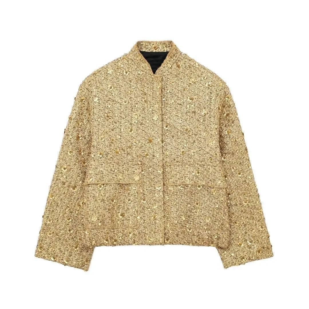 Suninheart Women's Sequined Bomber Jacket Fall O Neck Long Sleeve Gold Sequins Jacket Coat Female Glitter Chic Outerwear