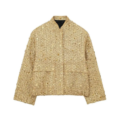 Suninheart Women's Sequined Bomber Jacket Fall O Neck Long Sleeve Gold Sequins Jacket Coat Female Glitter Chic Outerwear
