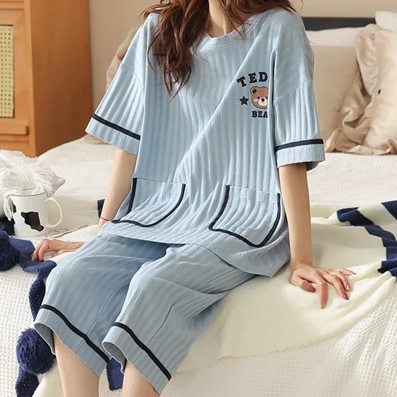 Summer Capris Pajamas for Women Plus Size 5XL Woman Causal Pajama Sets Cartoon Lapel Pijamas Cute Girl Soft Cotton Sleepwear