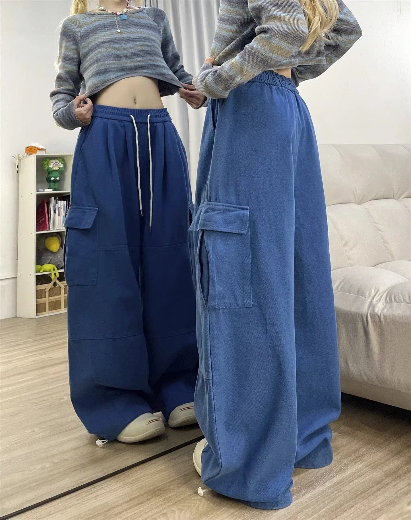 Cargo Pants Women Solid Color Japanese Loose Thin Straight Wide-leg High Waist Trousers High Street Basics Casual Pants Female