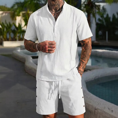Men's Summer Fashion Cotton Linen Short-Sleeved Shirt And Breathable Short Pants Set Casual Lightweight Personalized Clothing